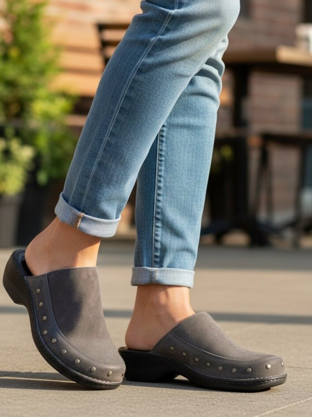 BORN Grey Leather/Suede Studded Slip-on Clogs